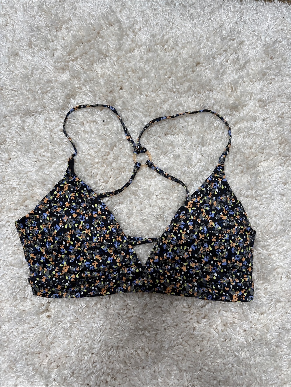 Prana Black Floral Print Bikini Top